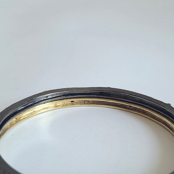 Gold & Black Textured Bangle Bracelet w CZ Accents, Interlocking Set of Two - Picture 4 of 6